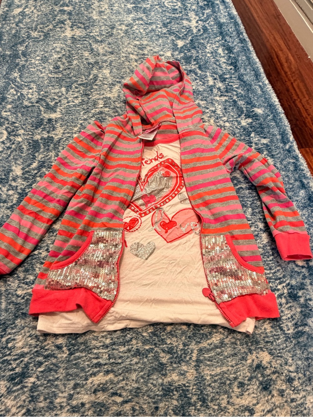 Girls' Pink & Gray Striped Hoodie with Sequin Pockets